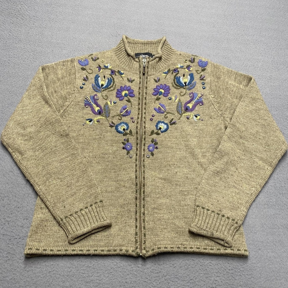 Icelandic Design Sweater Cardigan Womens Small‎ Embroidered Floral Wool Full Zip